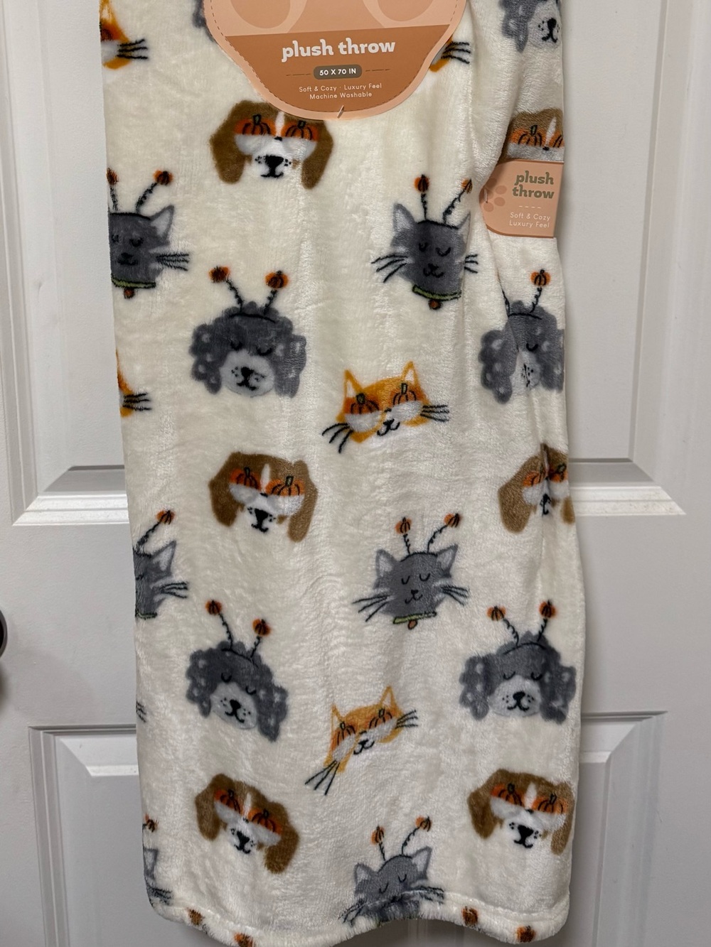 Plush Throw Blanket - Cream with Gray and Brown Animal Faces
